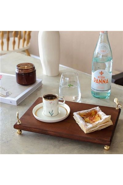 Akayev 30x19 Cm Ginkgo Presentation Plate - Wooden, Gold Legs