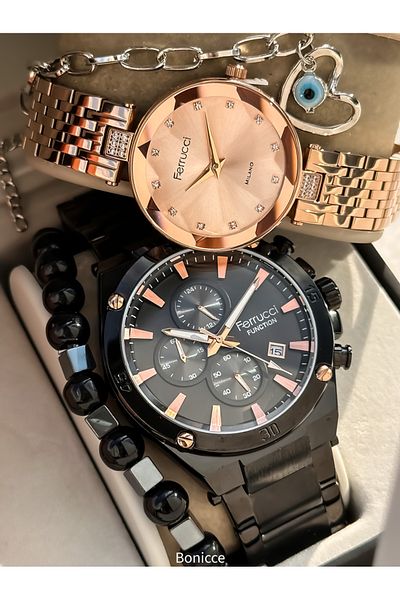 Ferrucci Steel Cord Black Yellow Color, Lover Watches + Rosary Bracelet