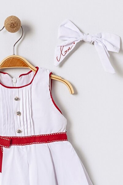 Bebüş Red Girl's Dress - Thick Sling, Button Detail, Bow Gift, Flared Fit 15604