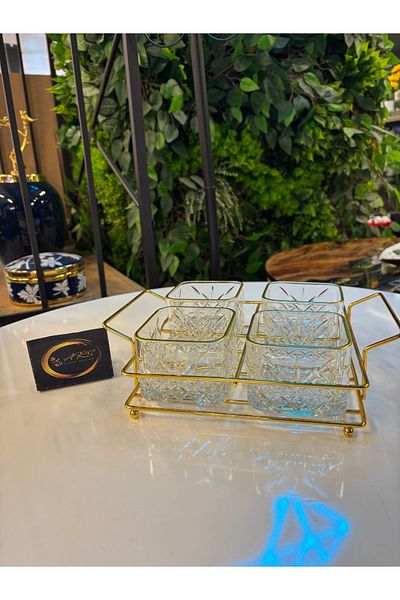 Paşabahçe Ars Pasabahce Timeless Gilded Square Bowl, 4-Piece Snack Bowl with Metal Gold Stand, Presentation, Breakfast