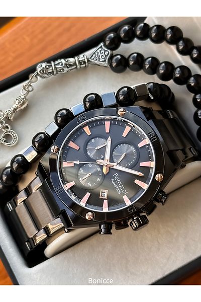Ferrucci 45 mm Case Diameter, Functions Activated, Black Color, Calendar Men's Wrist Watch Bracelet with Rosary Gift