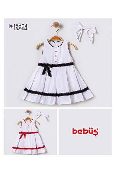 Bebüş Red Girl's Dress - Thick Sling, Button Detail, Bow Gift, Flared Fit 15604