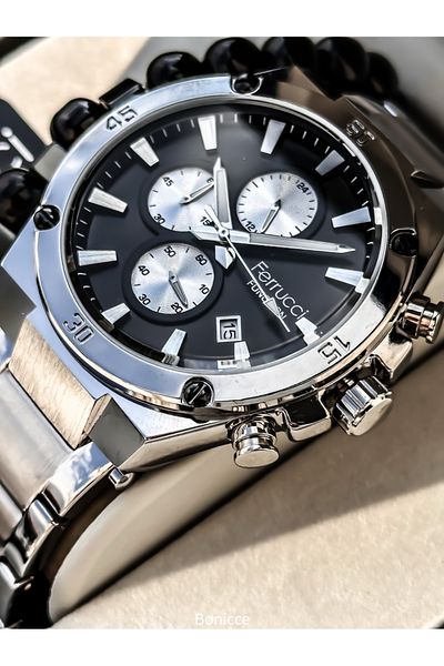 Ferrucci Men's Wristwatch - Silver Color, Steel Cord, Rosary Bracelet, Functions Active