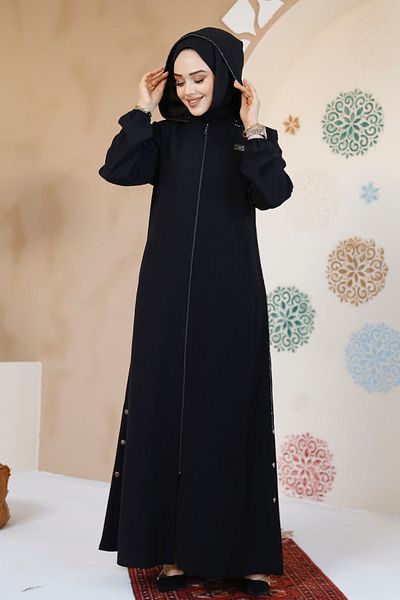 Neva Style Zippered Black Hijab Abaya 61362S