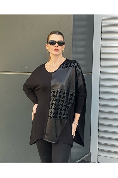 THE CABIN Women's Plus Size Houndstooth Pattern Faux Leather Detail Blouse