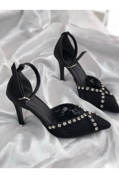 Hg Ayakkabı Vinita Black Lace Rocked Satin Fabric 8,5 cm Heel Shoes