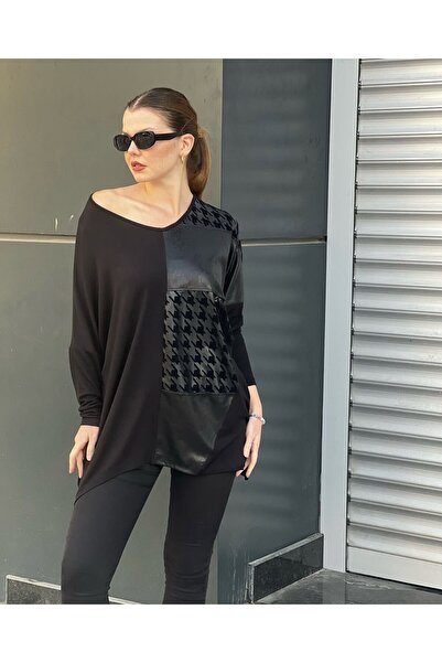 THE CABIN Women's Plus Size Houndstooth Pattern Faux Leather Detail Blouse