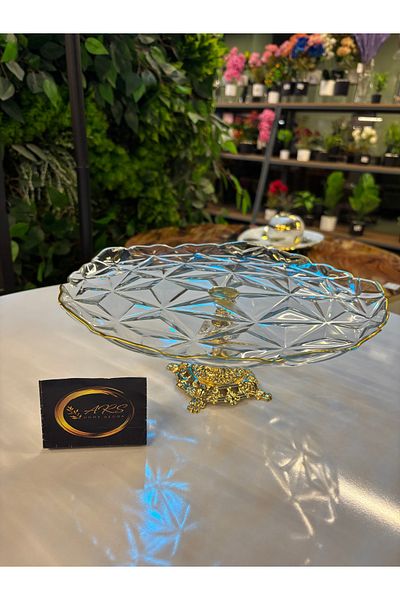 Paşabahçe Ars Pasabahce Metal Square Footed Cutout Look Edge Gilded Presentation Bowl, Decorative Plate, Borcam