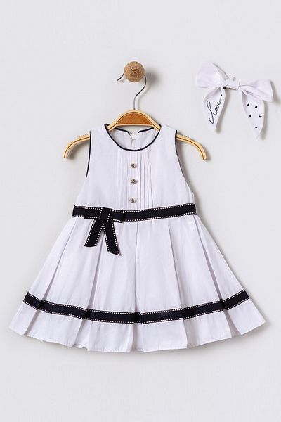 Bebüş Navy Blue Girl's Dress - Thick Sling, Button Detail and Bow Detail 15604