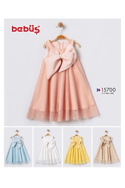 Bebüş Lined Chiffon Fabric Bow Detail Flared Cutout Round Neck Beige Girl's Dress 15700