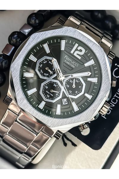 Ferrucci Men's Wrist Watch & Bracelet Rosary - Silver Color, Steel Band, Green Dial