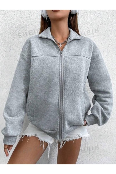 Charme Elegant Unisex Büyük Beden Fermuarlı Oversize Kışlık Dik Yaka Hırka Ho...