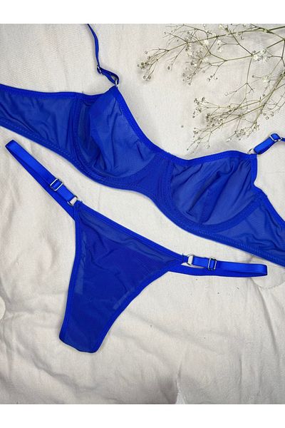 ROZENİN LINGERIE Set sutien Saks Blue cu sârmă fără cupă din tul bralet (SUTIEN-TANGA)