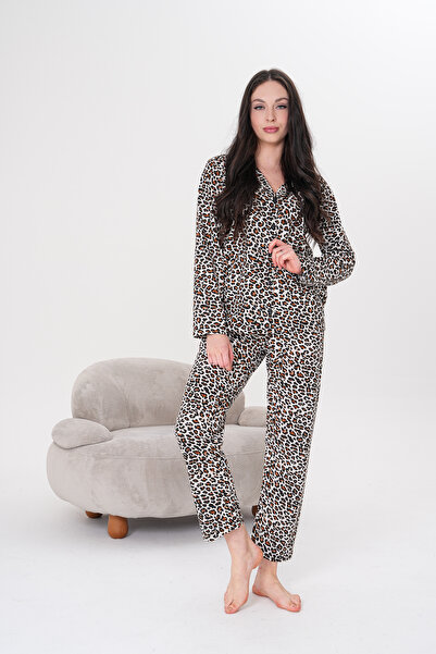 Arvin Pijama Σετ πιτζάμες με βαμβακερό γιακά πουκάμισο με κουμπιά με στάμπα λεοπάρ