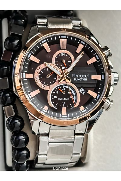 Ferrucci Men's Wrist Watch & Bracelet Rosary - Silver Color, Steel Band, Rose Case