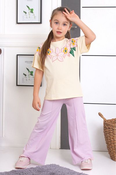 tunays shopping Spanish Leg Leggings Pants Floral Printed Oversize Tshirt Girls' Bottom Top Set