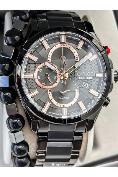 Ferrucci Black Men's Wristwatch - with Steel Band and Gray Dial, Brand Functions Active Bracelet Rosary