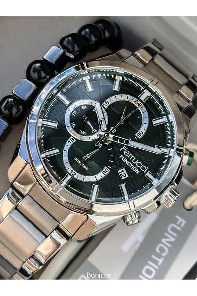 Ferrucci Men's Wrist Watch & Bracelet Rosary - Silver Color, Steel Band, Green Dial