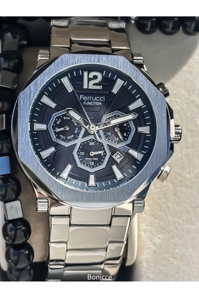 Ferrucci Brand Functions Active, Silver Color Steel Band, Navy Blue Dial Men's Wrist Watch Bracelet Rosary