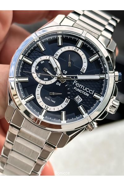 Ferrucci Men's Wrist Watch & Bracelet Rosary - Silver Color, Steel Band, Navy Blue Dial