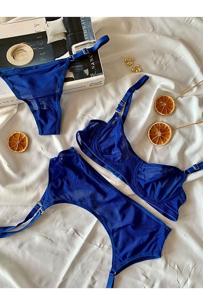 ROZENİN LINGERIE Set de sutien din 3 piese din tul simplu albastru Saks cu jartieră