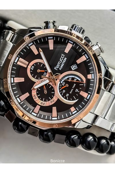 Ferrucci Men's Wrist Watch & Bracelet Rosary - Silver Color, Steel Band, Rose Case