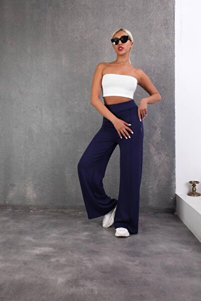 Moda Banuş بنطال رياضي من القماش المشروط باللون الأزرق الداكن مع خياطة أمامية