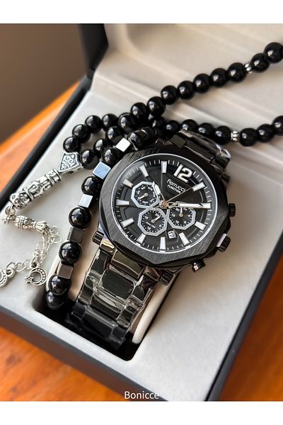 Ferrucci Men's Watch - Black Color, Steel Band, Dial Function, Bracelet Prayer Beads