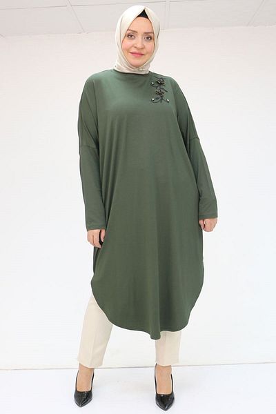 Eslina 58040 Plus Size Khaki Combed Cotton Tunic with Low Sleeve and Flower-Stone Detail