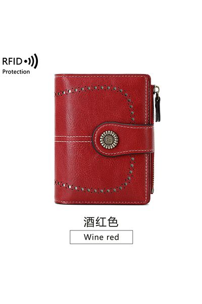 Choice Y1668-winered Retro Three-fold Rfid Shielding Women's Short Wallet, Solid Color Large Capacity Daily