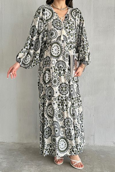 ASEDE 100% Viscose Bohemian Alaçatı Dress Collar Tie-Up Patterned Viscose Dress Suitable for Hijab Dress