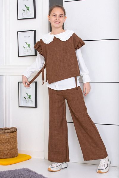 tunays shopping Linen 3 Piece Girl's Suit with Shirt Pants