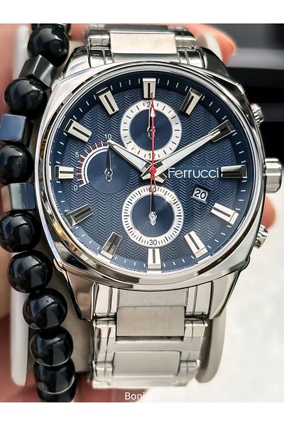 Ferrucci Brand Silver Color Steel Band, Green Dial, Men's Wrist Watch Bracelet with Calendar Rosary