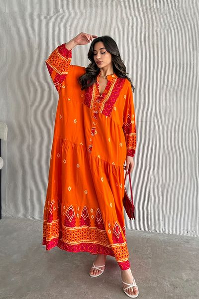 ASEDE 100% Viscose Bohemian Alaçatı Dress Buttoned Patterned Viscose Dress Suitable for Hijab Dress