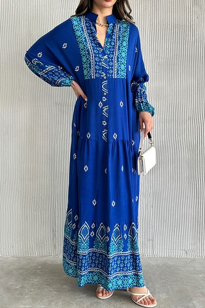 ASEDE 100% Viscose Bohemian Alaçatı Dress Buttoned Patterned Viscose Dress Suitable for Hijab Dress