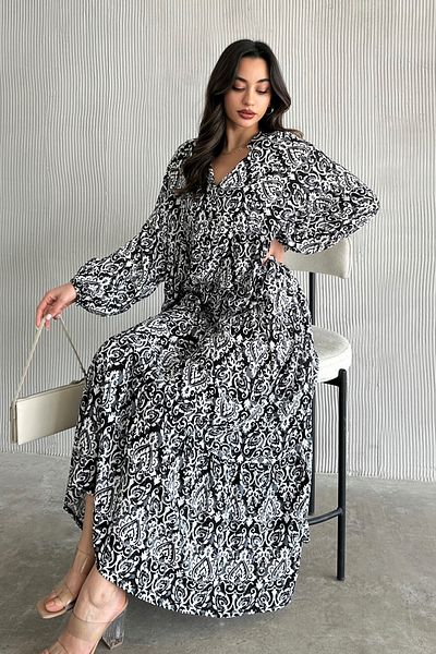 ASEDE 100% Viscose Bohemian Alaçatı Dress Buttoned Colorful Patterned Viscose Dress Suitable for Hijab Dress