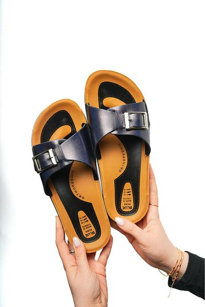 PUREFY Navy Blue Buckle Evening Dress - Stylish Summer, Sea and Beach Dowry Guest Slippers, Orthopedic Anatomical