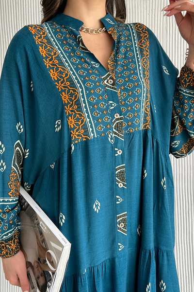 ASEDE Φόρεμα από 100% βισκόζη Bohemian Alaçatı Φόρεμα με κουμπιά με σχέδιο βισκόζη Κατάλληλο για Φόρεμα Χιτζάμπ