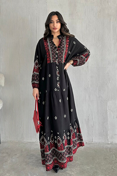 ASEDE %100 Viskon Bohem Alaçatı Elbise Düğmeli Desenli Viskon Elbise Tesettür...