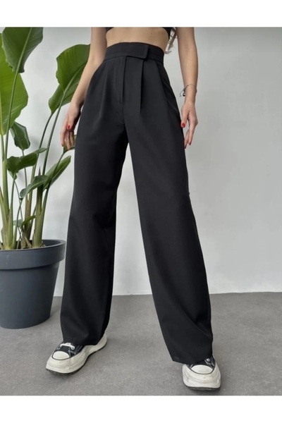 MKABUTİK Kadın Yüksek Bel Cırtcırtlı Bol paça Palazzo Pantolon