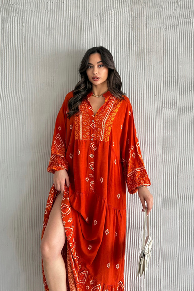 ASEDE Φόρεμα από 100% βισκόζη Bohemian Alaçatı Φόρεμα με κουμπιά με σχέδιο βισκόζη Κατάλληλο για Φόρεμα Χιτζάμπ