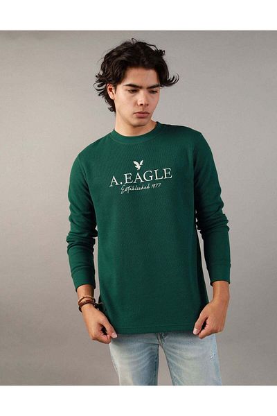 AMERICAN EAGLE تي شيرت حراري بأكمام طويلة وشعار جرافيكي من Ae