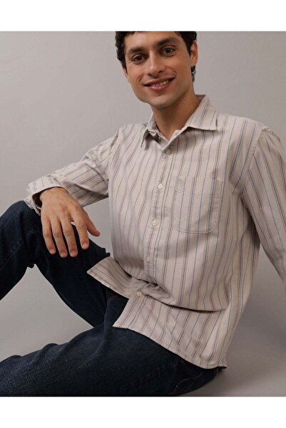 AMERICAN EAGLE قميص AE Oxford مخطط وسهل الارتداء