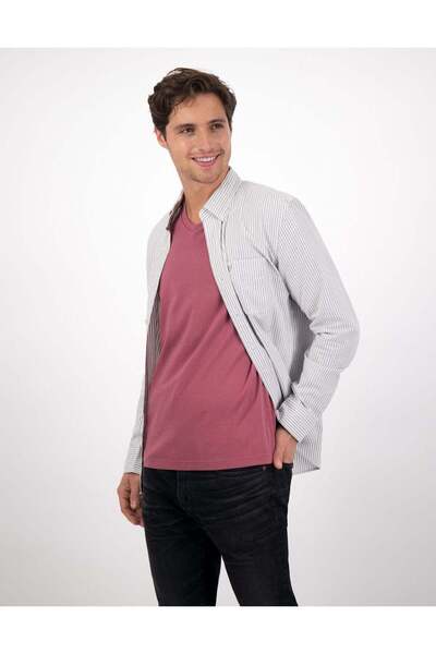 AMERICAN EAGLE قميص AE Oxford مخطط بقصّة Slim Fit وأزرار