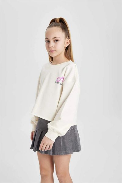 DeFacto Girl's Crop Back Printed Crew Neck Sweatshirt C1037a824sp