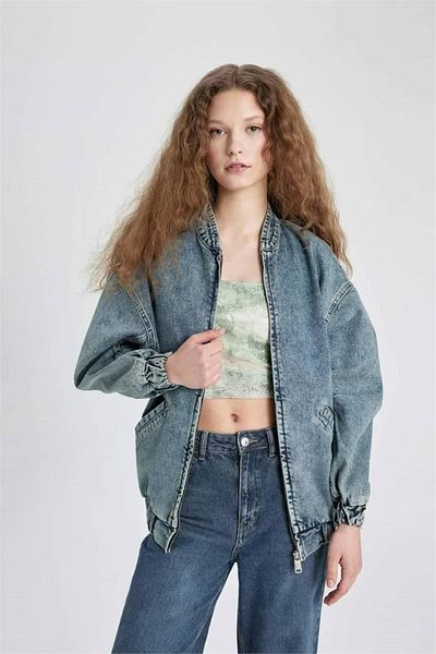 DeFacto Jachetă bomber de jeans cu potrivire largă supradimensionată, cu rever, cu fermoar, buzunar dublu C1508ax24sm