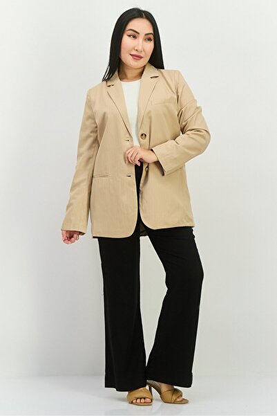NIA Women Regular Fit Stripped Blazer, Tan
