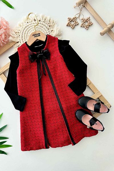 Minigimin Cicileri Girl's Gilet and Badi Suit with Bow Detail and Scalloped - Red