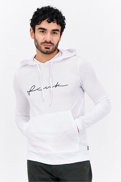 French Connection Men Hooded Embroidered Logo Long Sleeve Sweatshirt, White