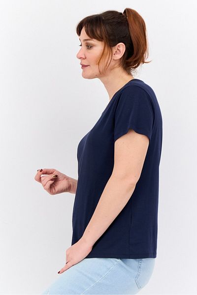 Nautica Women Round Neck Short Sleeves Plain T-shirt, Navy